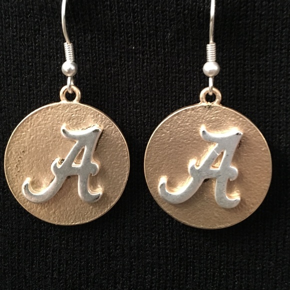 ALABAMA FAN pierced Earrings silver A on gold disk - Picture 1 of 4