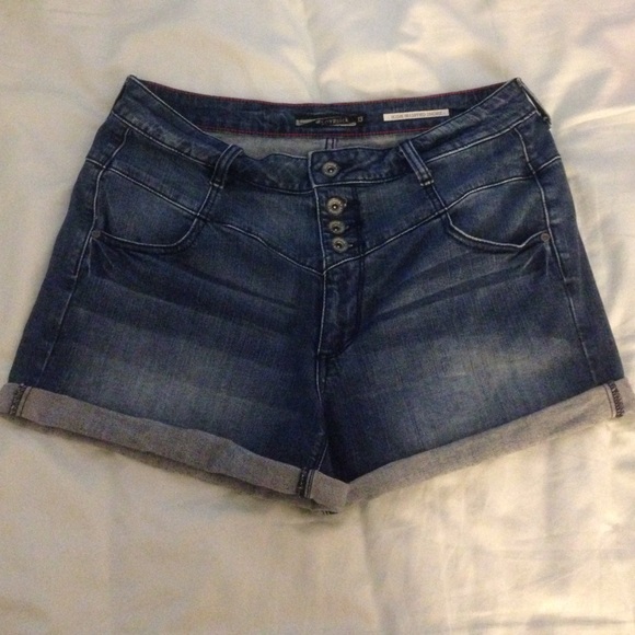 Darker blue high-waisted jean shorts