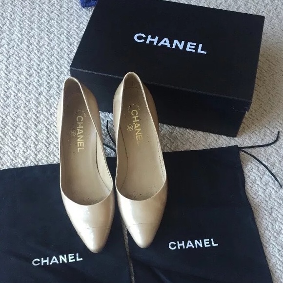 Authentic Chanel Beige Patent Leather Pumps, SZ 38
