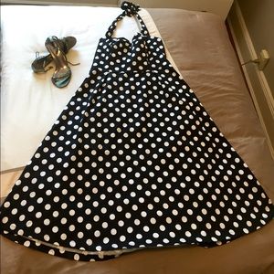 Black and white polka dot halter fit & flare midi