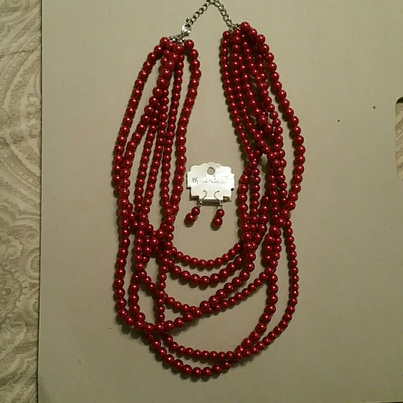 New Red Layered  Faux Pearl Necklace/Earring Set