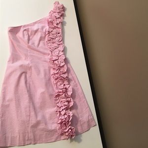 Seersucker one shoulder dress