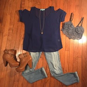 Blue Top with Cut out Shoulders