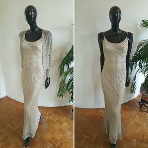 Carmen Marc Valvo Nude Crochet  Beaded Dress