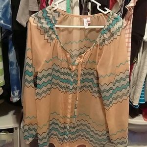Dolled Up, peach and chevron print sheer blouse
