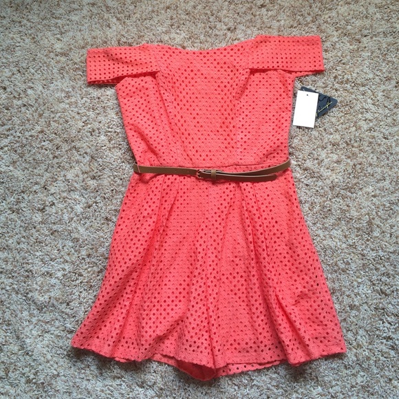 Coral eyelet off shoulder romper