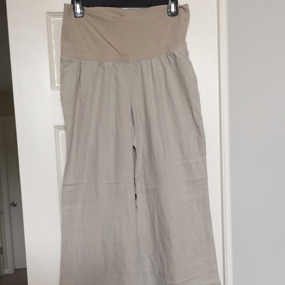 Khaki linen maternity pants.