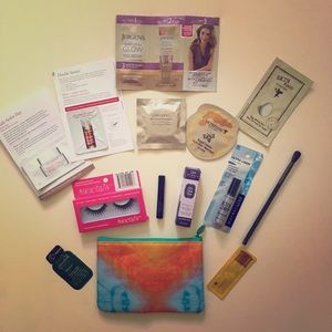 Makeup bag & samples, eyelashes, eyeliner