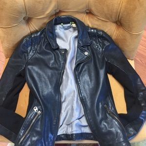 DOMA black leather jacket w/ panels. Lining stains