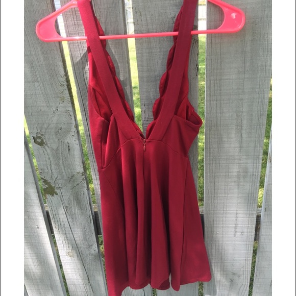 Dark Red Deep V with Scallops Dress - Picture 2 of 3