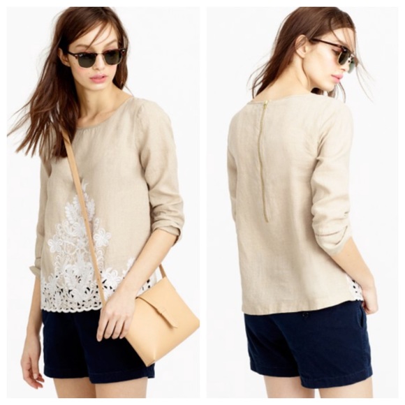 NEW J. Crew Embroidered Linen Top Sea Foam