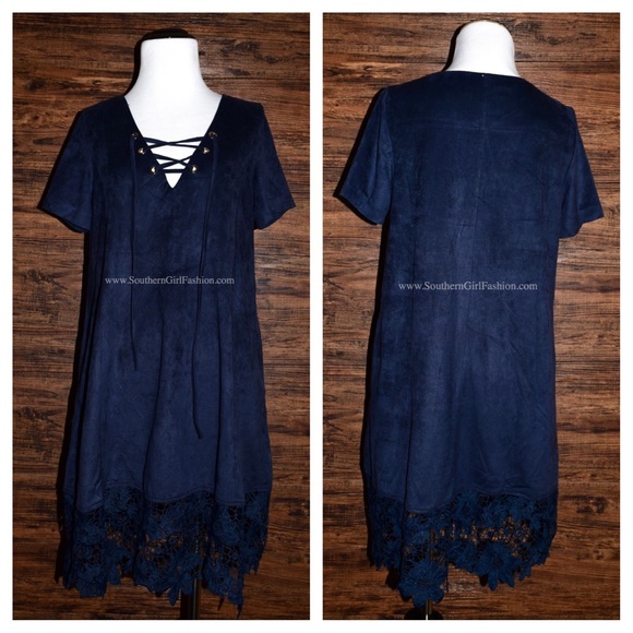 SUEDE DRESS Lace Up Crochet Floral Boho Mini Tunic - Picture 3 of 4