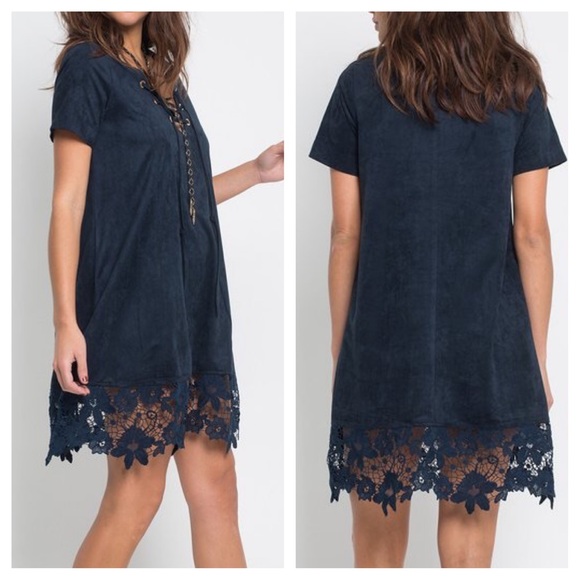 SUEDE DRESS Lace Up Crochet Floral Boho Mini Tunic - Picture 4 of 4