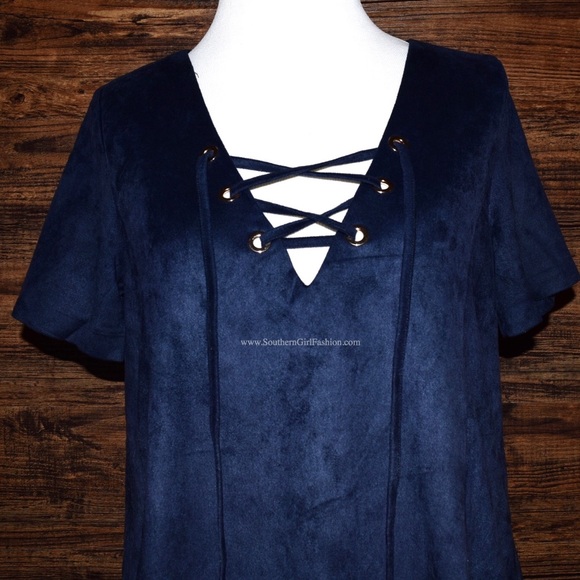 SUEDE DRESS Lace Up Crochet Floral Boho Mini Tunic - Picture 2 of 4