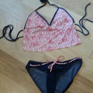 Red/white floral print and denim tankini