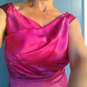 Dress satin pink gathered along bust & waist,