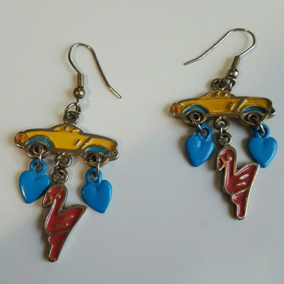 Vintage Jewelry - Vintage Car Flamingo Earrings