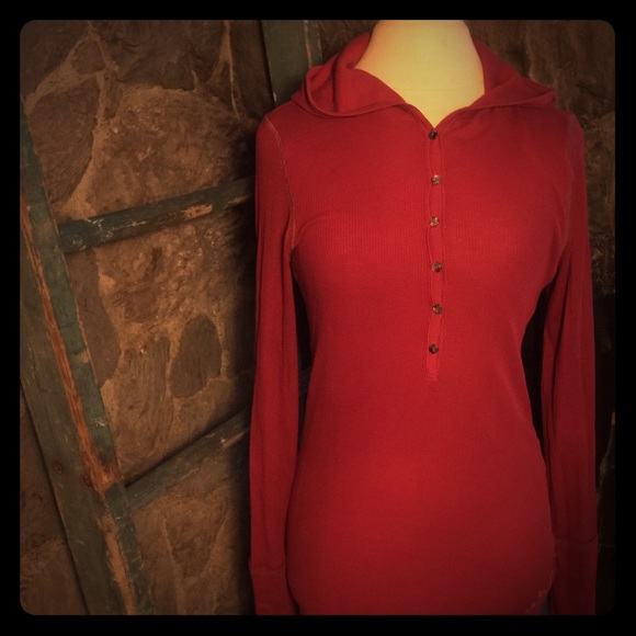 Soft Waffle-Knit Red Thermal Hoodie Top SzL