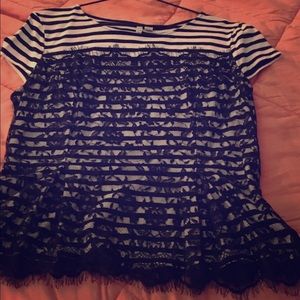 Elle stripe and lace peplum top