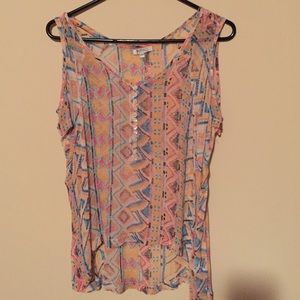 Aztec print cutout shoulder blouse