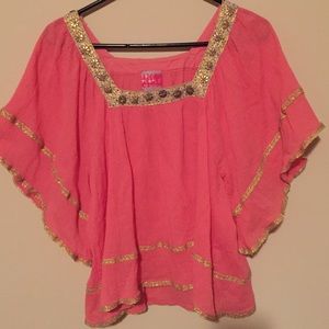 Free people coral pink top with gold trim
