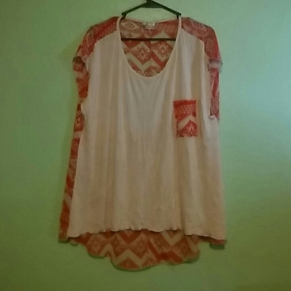 White Tee Orange Aztec Sheer Back Hi Low Top