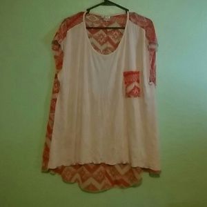 White Tee Orange Aztec Sheer Back Hi Low Top