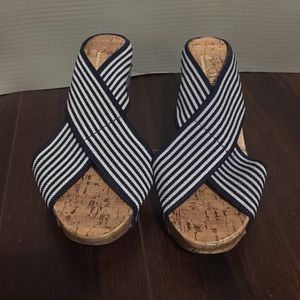 Navy and white wedge sandals