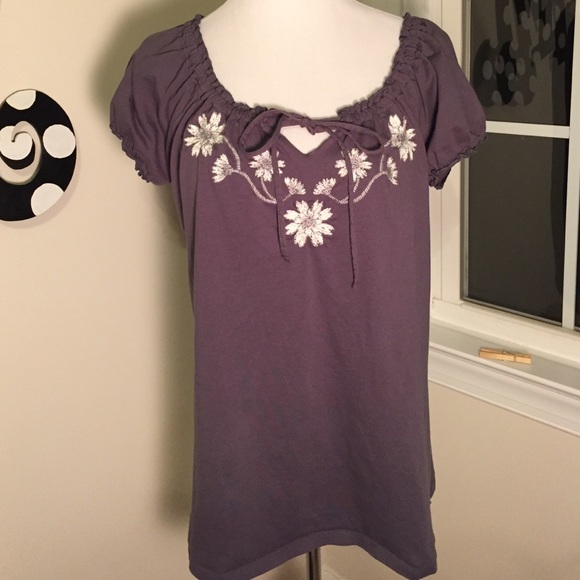 Gray Embroidered top with drawstring neckline!