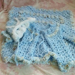 crochet jacket, bonnet, baby blanket