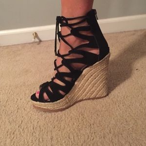 Black lace up wedges