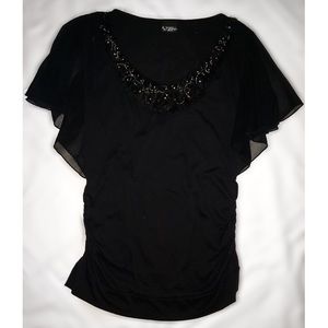 Black Tee with Ruffled Sleeves and Neck Detail