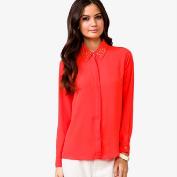 Blood orange red button up top with studded collar