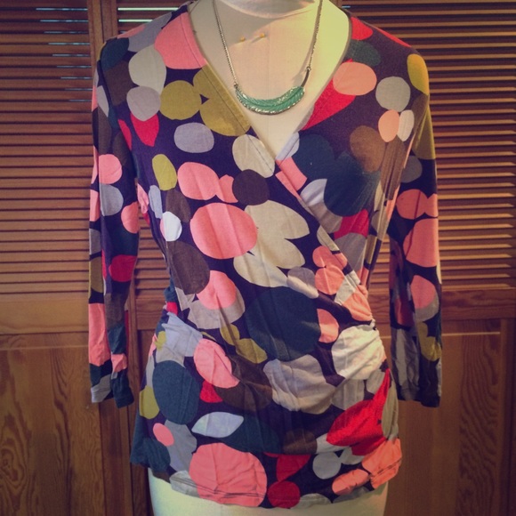 Polka Dotted Boden Faux Wrap Top with 3/4 Sleeves