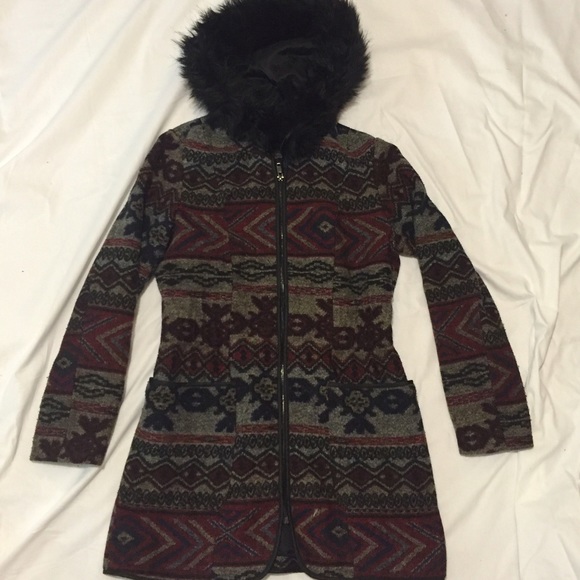 Aztec coat with faux fur hood