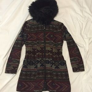 Aztec coat with faux fur hood