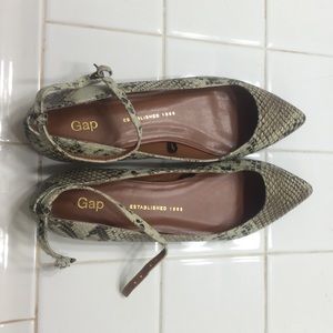 Faux snakeskin pointy toe flats with ankle strap