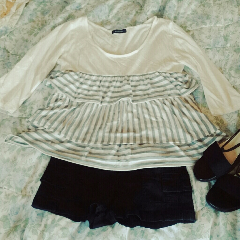 Blue and White Striped Top with Ruffles