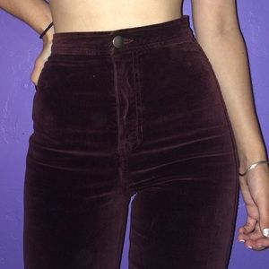 Maroon velvet high waisted skinny jeans