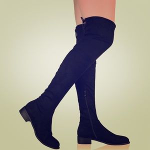Thigh high faux suede boots in black