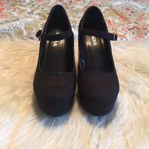 Black suede Mary Jane wedges