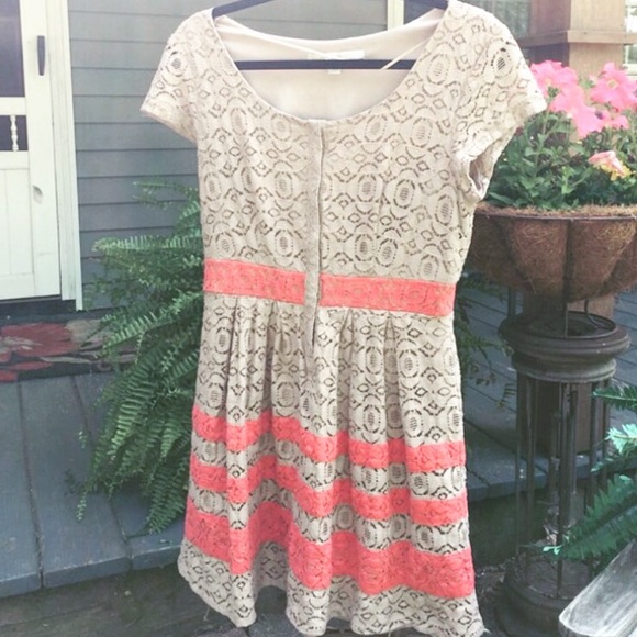LC Lauren Conrad Taupe Lace Dress w/ Coral Detail