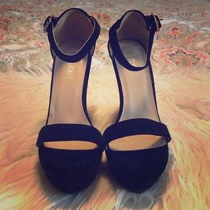 Black velvet ankle strap wedges