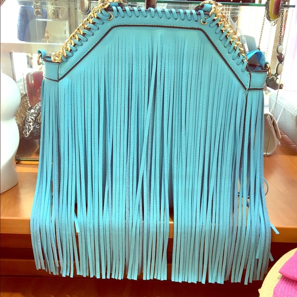 Sky blue fringe hand bag