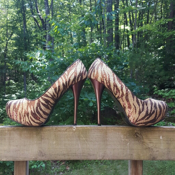 Brown & Gold Sequin Zebra Print Pump - Picture 3 of 4