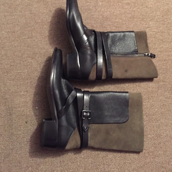 Black and olive green suede ankle boots.