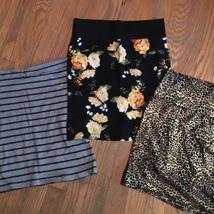 3 Stretch Mini Skirts, striped floral & cheetah.