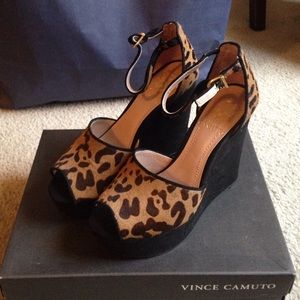 Leopard print suede Vince Camuto wedge sandals