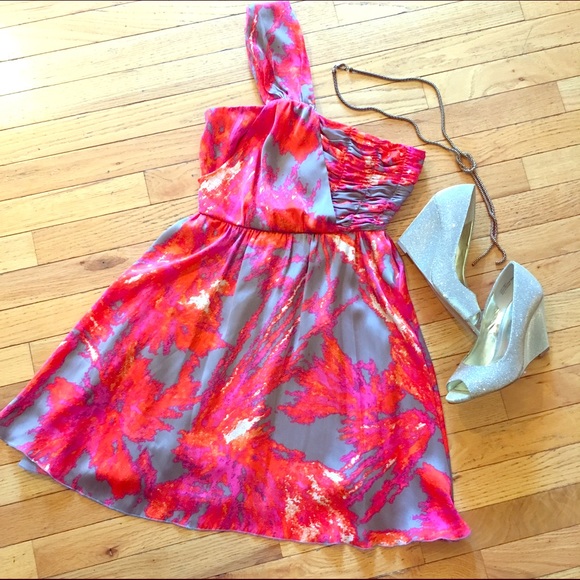 one-shoulder orange & pink dress