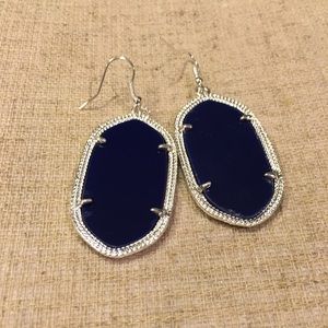 Navy Blue and Silver Oval Earrings